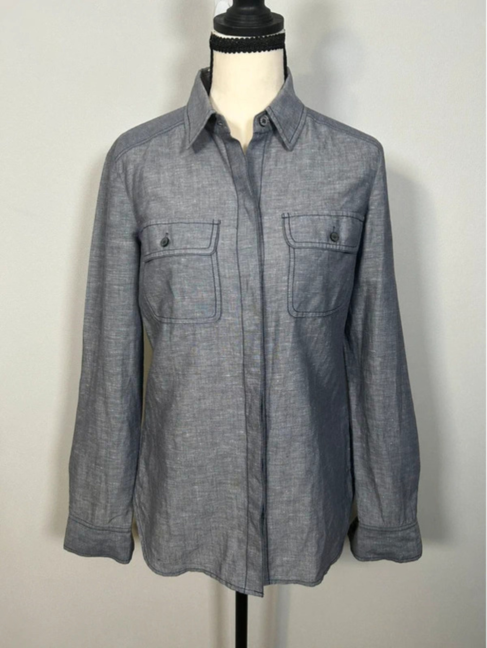 Ann Taylor Linen Cotton Gray Chambray Utility Button Front Shirt Size 2